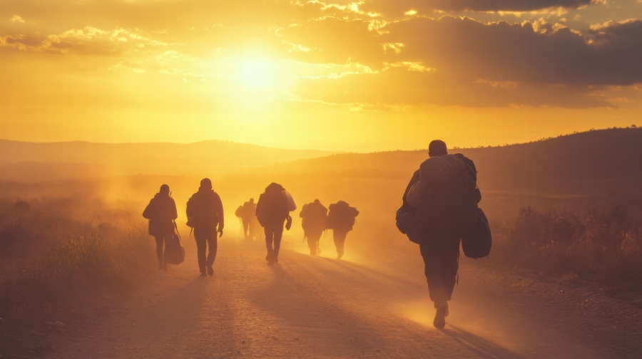 Group of people walking into sunset in silhouette